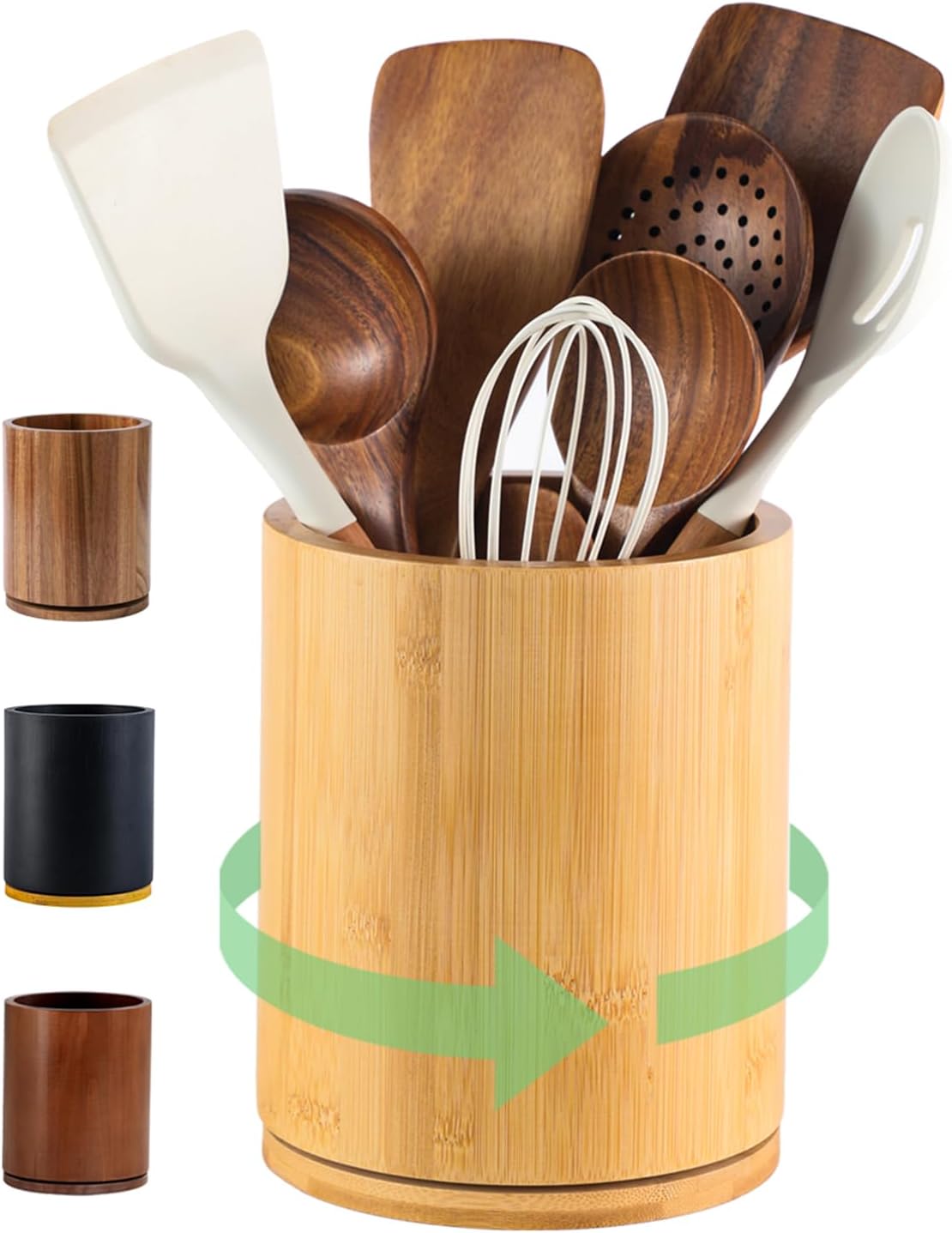 Wooden Utensil Holder | Rotating Utensil Organizer | Kitchen Counter Storage Crock | Farmhouse Countertop Decor | Cooking Utensil Stand - PuriLite
