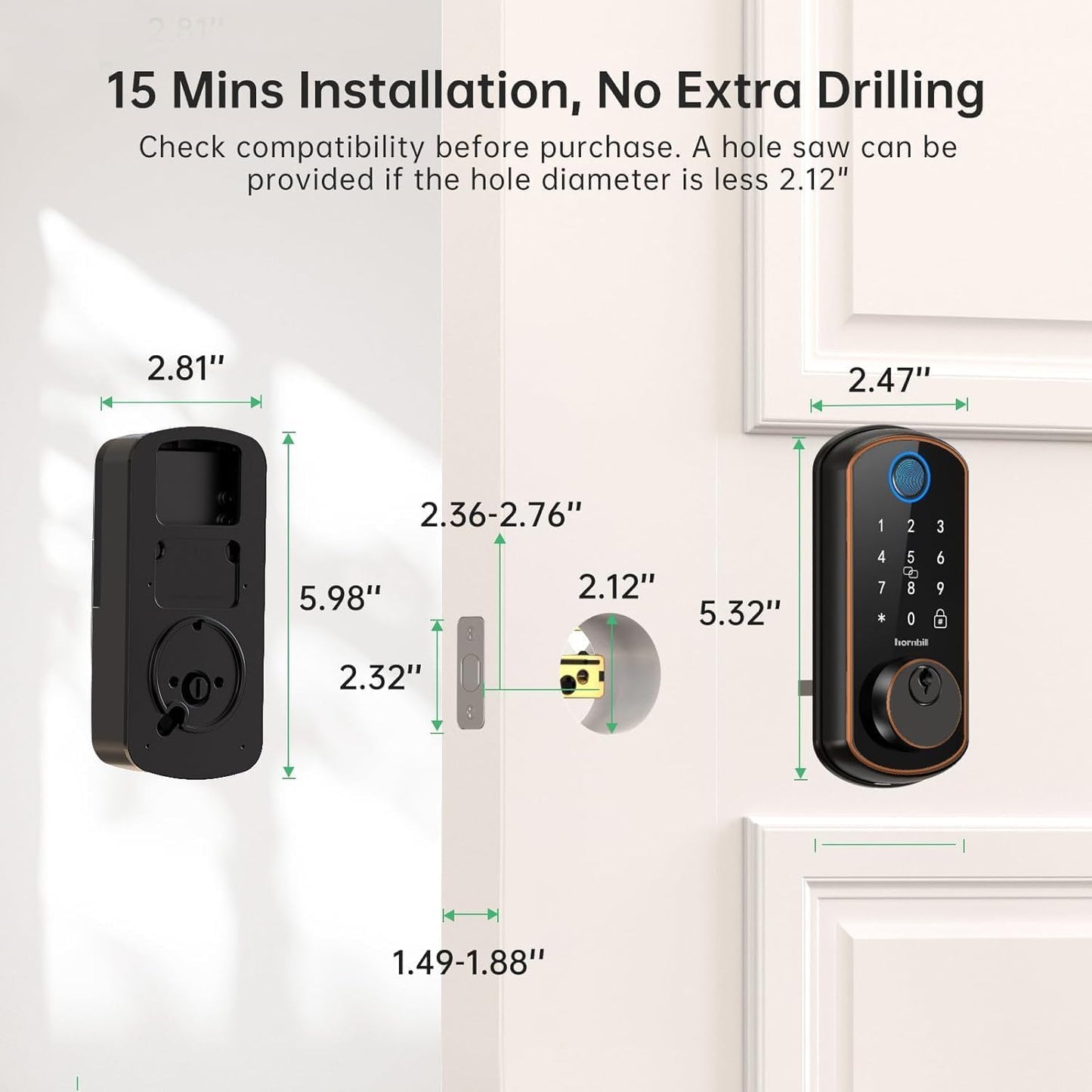 Hornbill Smart WiFi Front Door Lock: Keyless Entry Fingerprint Deadbolt - Alexa Bluetooth Electronic Keypad Door Locks for House Apartment Auto Lock Smart Life APP Remote Control - Black