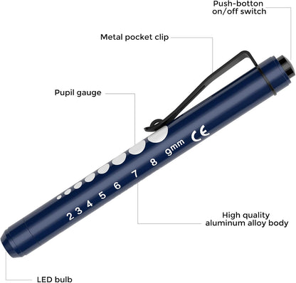 RISEMART Pen Lights for Nurses, 2 Pack Reusable Medical Light with Pupil Gauge and Ruler, White Light LED Penlight for Student Doctors EMT (Black/White)