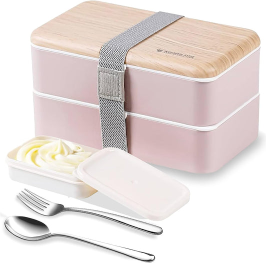 Original Bento Box Lunch Boxes Container Bundle Divider Japanese Style with Stainless Steel Utensils Spoon and Fork (Pink)