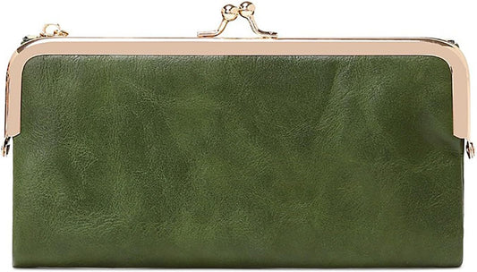 mpeak filters Vintage Women Long Wallets Bifold Ladies Purse Clutch with Kiss Lock and Zip Coin Pocket, Green, Minimalist