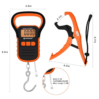 UNIWEIGH Digital Fish Scale Luggage Scale with Fish Lip Gripper, Backlight LCD Display 110lb/50kg Electronic Balance Digital Fishing Postal Hanging Hook Luggage Scale 2 AAA Batteries Included