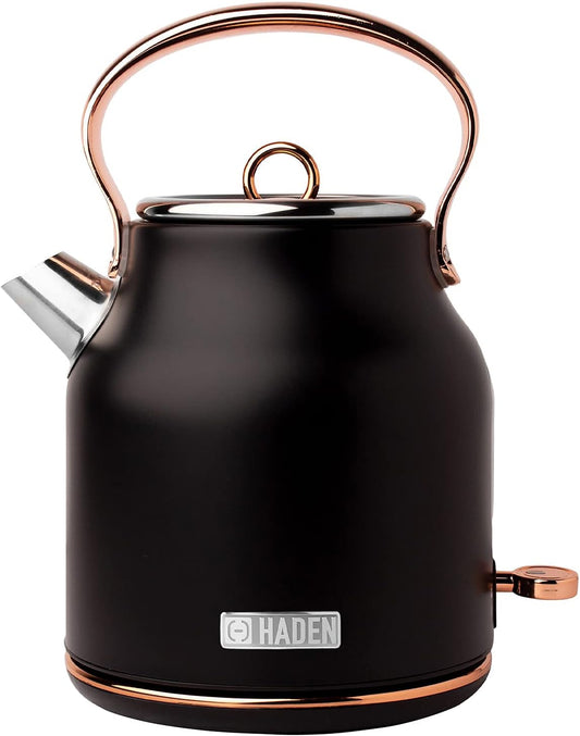 Haden 75041 Heritage 1.7 Liter (7 Cup) Stainless Steel Electric Kettle with Auto Shut-Off and Boil Dry Protection, Black/Copper - PuriLite