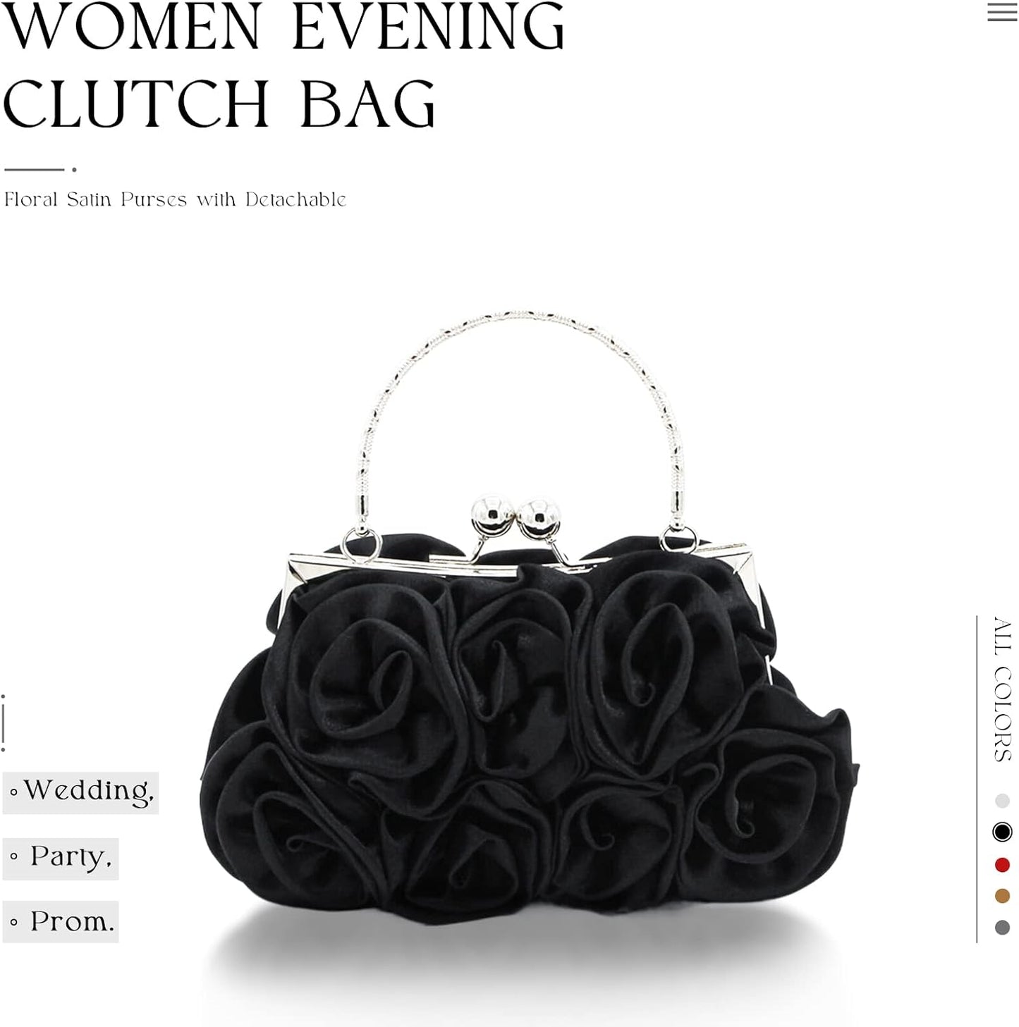 JAMBHALA Women Evening Clutch Bag Floral Satin Purses with Detachable Strap for Wedding, Party, Prom