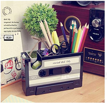 Creative Adhesive Tape Pen Holder Case, Retro Cassette Tape Dispenser Vase Brush Pot, Popular Pencil Desk Collection Tidy Organizer, Office Stationery Storage Container- Unique Gift (gray)