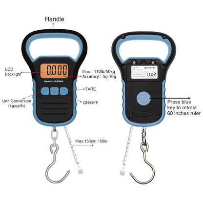 UNIWEIGH Digital Fish Scale Luggage Scale with Fish Lip Gripper, Backlight LCD Display 110lb/50kg Electronic Balance Digital Fishing Postal Hanging Hook Luggage Scale 2 AAA Batteries Included