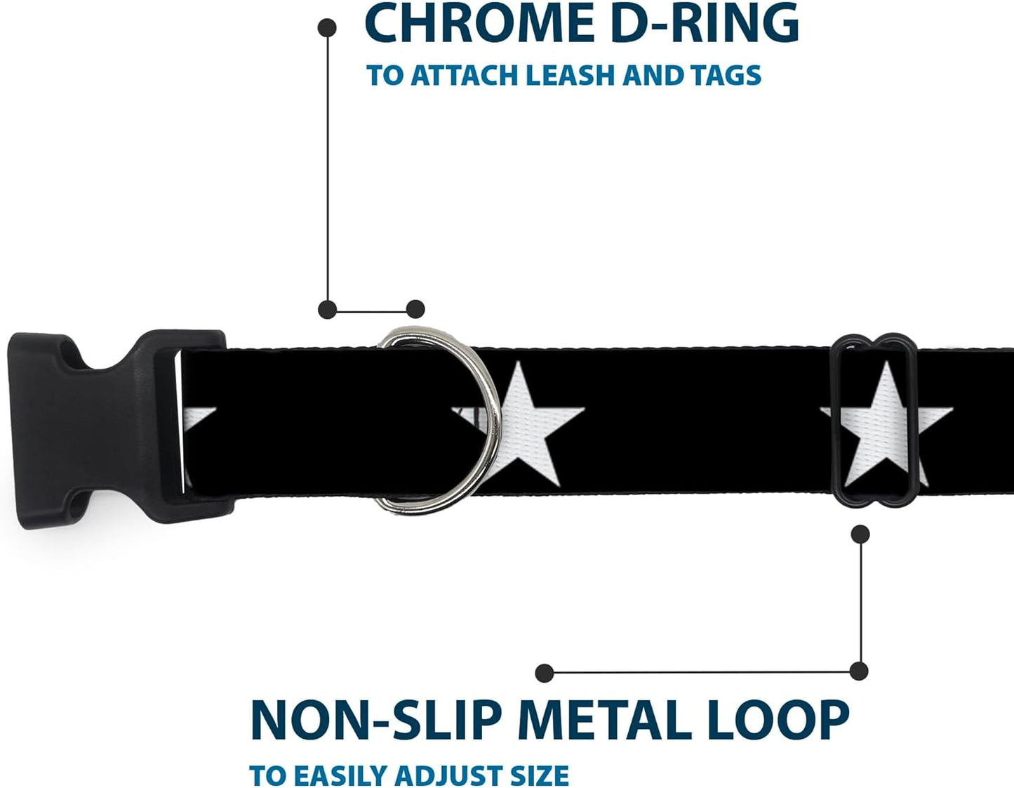 Buckle-Down PC-W21909-M Dog Collar Plastic Clip Buckle, 1"x11"-17", Star Black/White