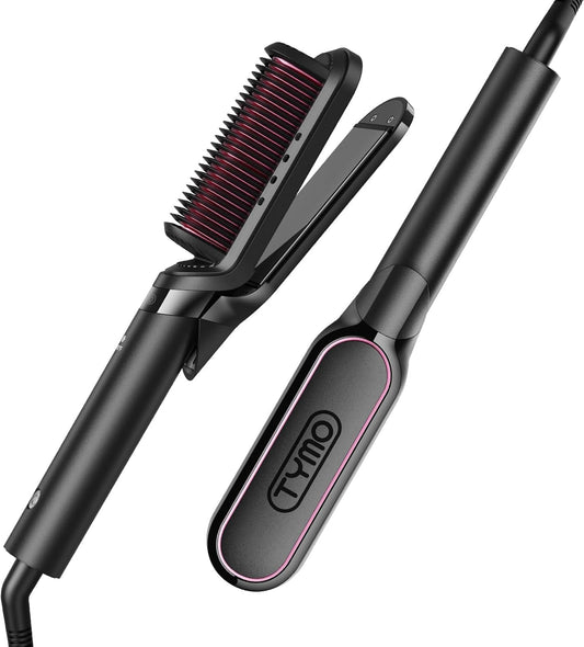 TYMO Flat Iron Hair Straightener Brush 2 in 1, 200M Ions Hair Straighteners for Women, Ceramic Dual Voltage Straightening Hot Comb for Anti-Frizz Straights, Waves, Curls, Less Heat Damage, Black