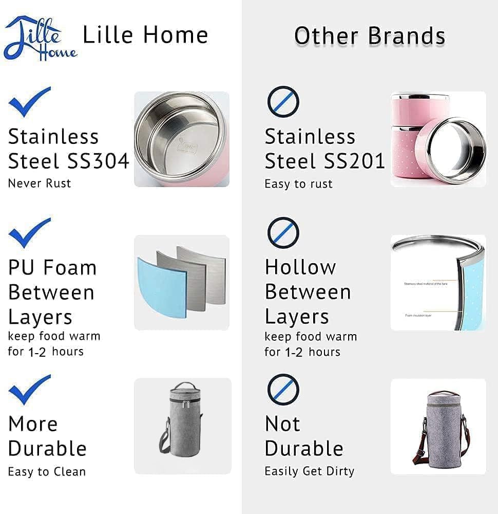 Lille Home Stackable Stainless Steel Thermal Compartment Lunch/Snack Box, 3-Tier Insulated Bento/Food Container with Lunch Bag, Cutlery Set and 3 Extra Seals, 43OZ (Gray)