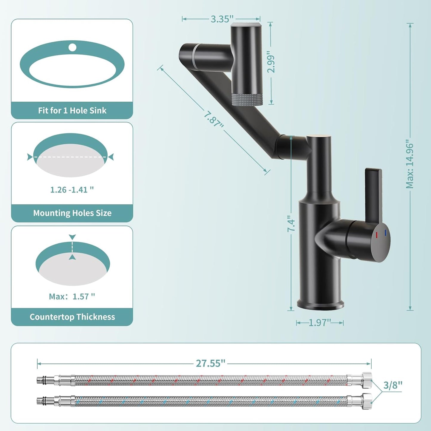 EAARSUO Single Hole Rotatable Bathroom Faucet with Temperature Display, Single Handle Modern Rotating Bathroom Sink Faucet 1 Hole, 1080 Degree Swivel Faucet with 2 Water Outlet Modes (Black)