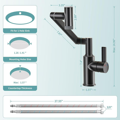 EAARSUO Single Hole Rotatable Bathroom Faucet with Temperature Display, Single Handle Modern Rotating Bathroom Sink Faucet 1 Hole, 1080 Degree Swivel Faucet with 2 Water Outlet Modes (Black)
