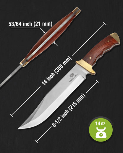 MOSSY OAK 14-inch Bowie Knife, Full-tang Fixed Blade Wood Handle with Leather Sheath for Camping Survival