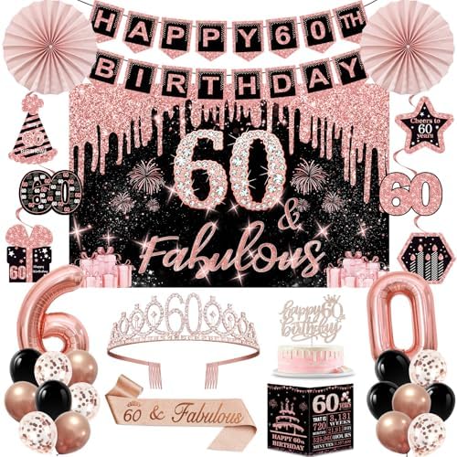 40th Birthday Decorations for Women,32pcs 40th Birthday Party Decorations,Including Backdrop, Crown,Sash,banner, Hanging Swirl,Cake Topper,balloons,Paper Fans,Anniversary Card and paper fans