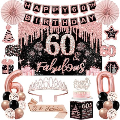 40th Birthday Decorations for Women,32pcs 40th Birthday Party Decorations,Including Backdrop, Crown,Sash,banner, Hanging Swirl,Cake Topper,balloons,Paper Fans,Anniversary Card and paper fans