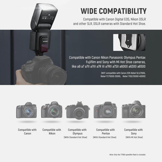 NEEWER TT560 Flash Speedlite Compatible with Canon Sony Nikon Panasonic Olympus Pentax and Other DSLR, Studio Light Digital Camera Speedlight with Standard Hot Shoe, Mini Stand, Cleaning Cloth & Bag - PuriLite