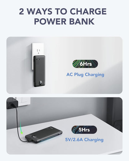 Portable Charger Built-in Cables and AC Wall Plug, VRURC USB C Power Bank 10000mAh, [2025 Upgraded Version] Phone Charger Compact Lightweight External Battery Pack for Smart Phones,Navy Blue
