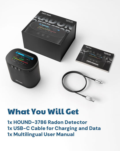AEGTEST HOUND-3786 Radon Detector for Home, 10-Min Update, 3.5" Large Display, Rechargeable, Long-Term Radon Monitoring with Data Charts, Audible & Visual Alarm, PDF Export, pCi/L & Bq/m³ -Black