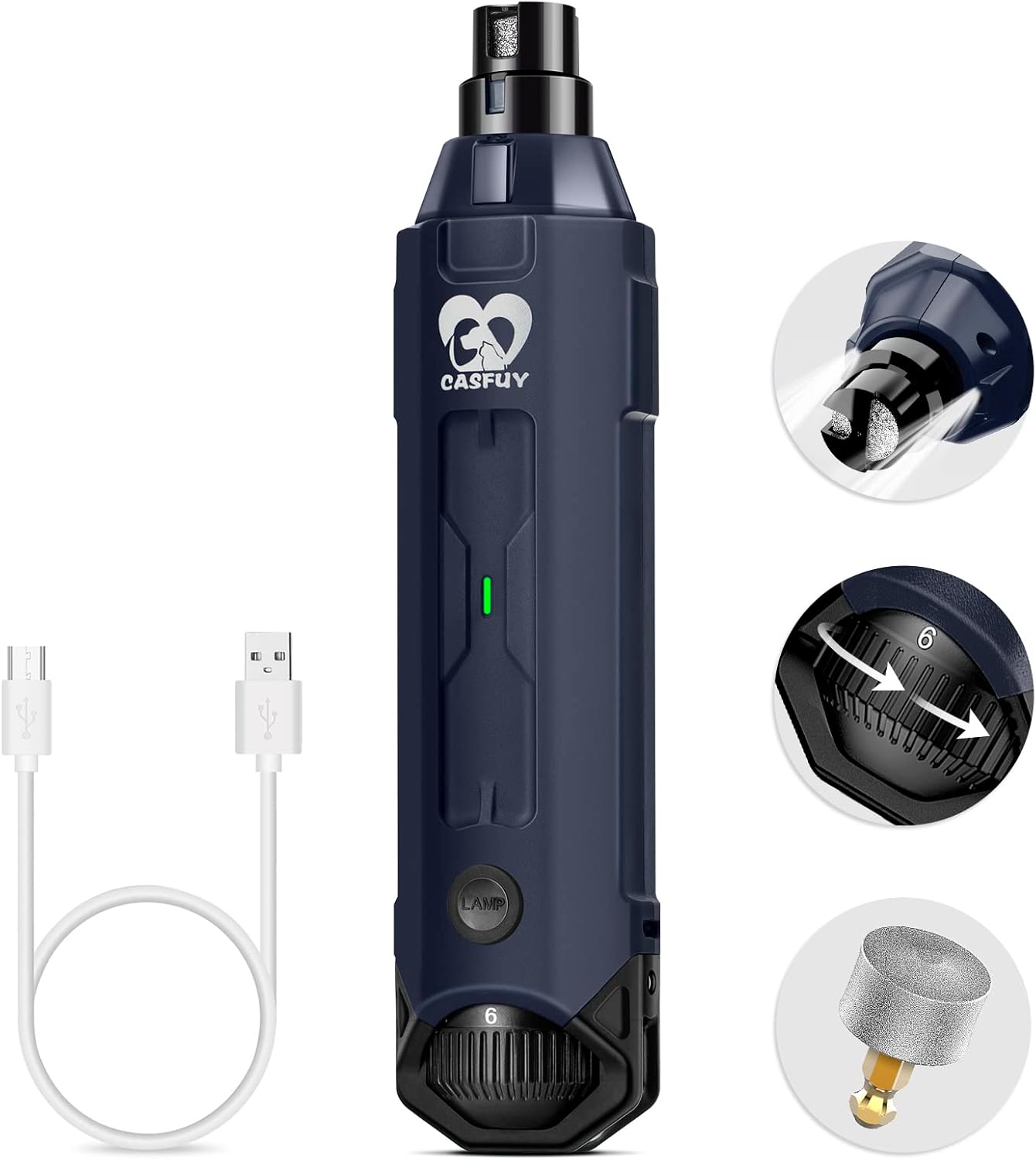 Casfuy 6-Speed Dog Nail Grinder Newest - Super Quiet Pet Nail Grinder Rechargeable Electric Dog Nail Trimmer Professional Paws Grooming & Smoothing Tool for Large Medium Small Dogs (Bright Blue)
