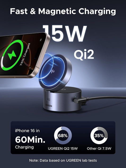 UGREEN MagFlow 15W 3-in-1 Fast Wireless Charger, QI2 Certified Magsafe Foldable Charging Stand Compatible with iPhone 16/15/14/13, AirPods 4/3/2/Pro, iWatch (Includes 45W Adapter and 3FT USBC Cable) - PuriLite