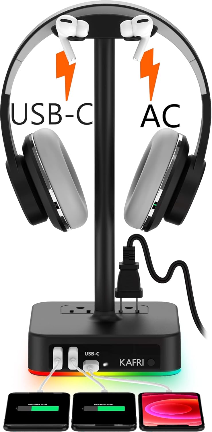 RGB Headphone Stand with USB Charging & Power Outlets | Gaming Headset Holder with Multi-Port Desk Charger - PuriLite