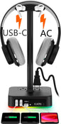 RGB Headphone Stand with USB Charging & Power Outlets | Gaming Headset Holder with Multi-Port Desk Charger - PuriLite
