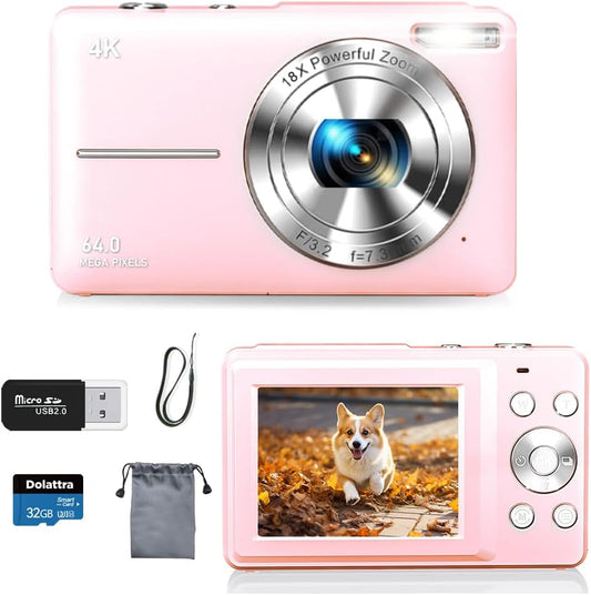 4K Digital Camera for Photography, 64MP Autofocus Vlogging Cam for YouTube, Anti-Shake, 3.0'' LED Screen, 18X Zoom, Pink Point and Shoot Digital Camera for Teens Adult Beginner, 32GB TF Card