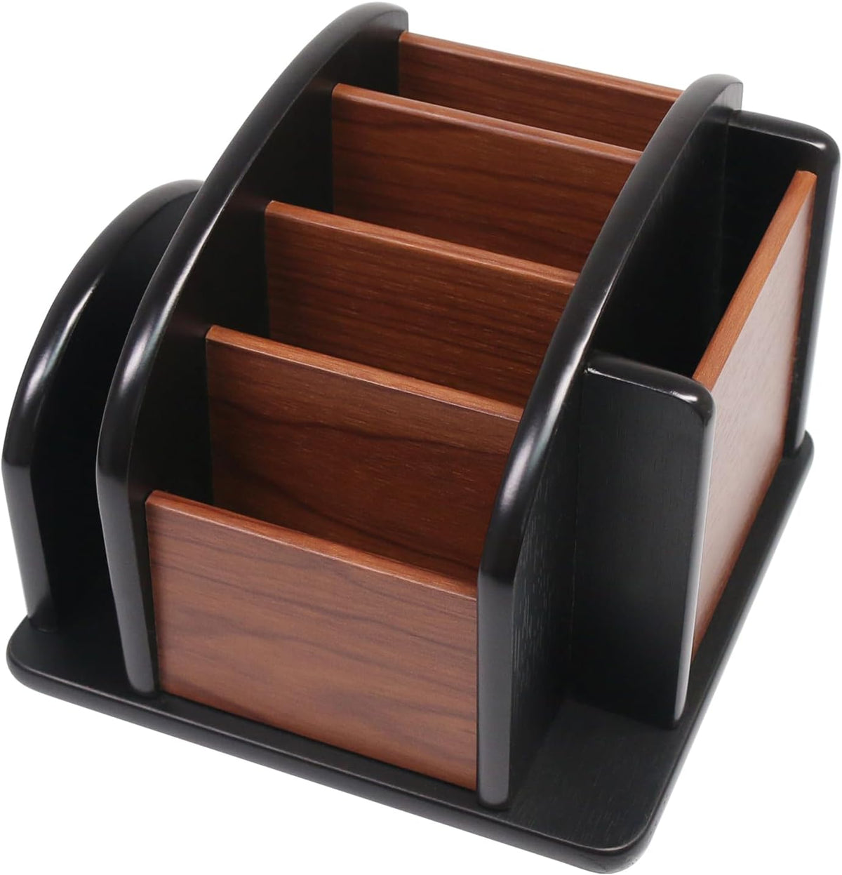 Coideal Large Remote Controls Holder, Rotating Wooden Caddy for Table, Spinning Office Supplies Desk Storage Organizer / Revolving Wood Pen Pencil Holder (6 Compartments, Brown & Black)