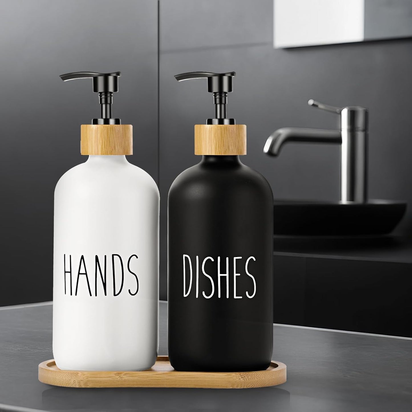 LIFEEZY Premium Quality Glass Soap Dispenser Set with Bamboo Tray - 2 pcs Hand & Dish Soap Dispenser for Rustic Kitchen Decor, Refillable Dispensers