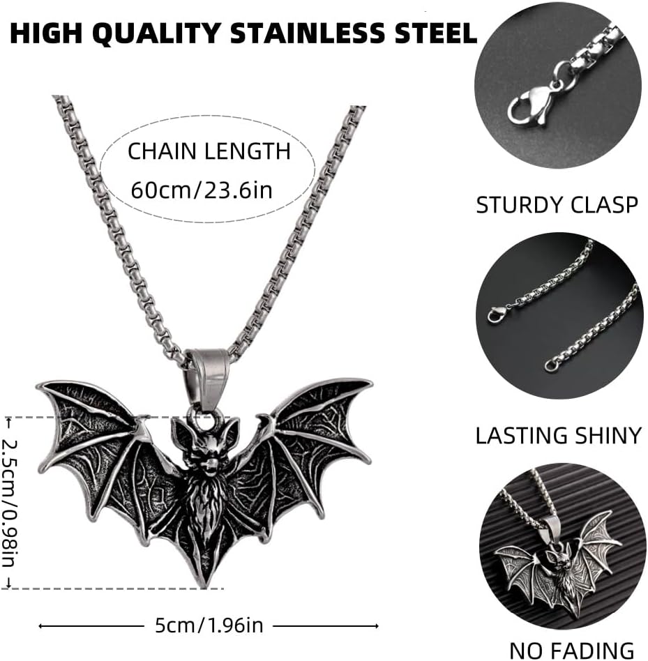 YWMAN Gothic Bat Necklace and Earrings Set, Stainless Steel, Silver, Viking Style, Protection Amulet, Medium, Unisex Halloween Vampire Jewelry