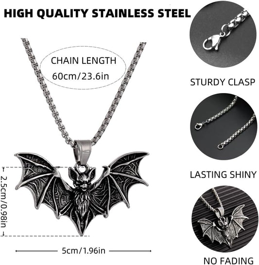 YWMAN Gothic Bat Necklace and Earrings Set, Stainless Steel, Silver, Viking Style, Protection Amulet, Medium, Unisex Halloween Vampire Jewelry - PuriLite