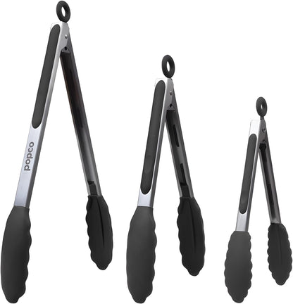 The Original Popco Tongs for Cooking - Set of 3 (7, 9, 12 inches) - Heavy Duty, 304 Stainless Steel BBQ and Kitchen Tongs with Silicone Tips (3 Colors Available)