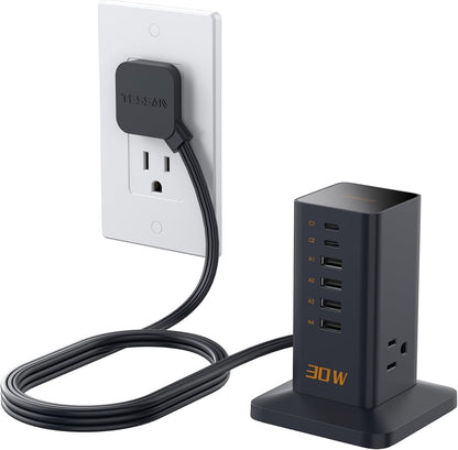Charging Station, TESSAN 65W Max GaN USB C Charger Block, 6-Ports and 3 AC Outlets Power Tower, Fast Charging for Multiple Devices, Compatible with iPhone, Samsung and More