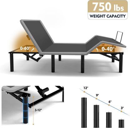 Adjustable Bed Frame with Massage and Zero Gravity Positions, Queen Size Sturdy Steel Electric Bed Base with Remote Control, USB Ports and 4 Height Adjustable Legs for Reading Watching TV