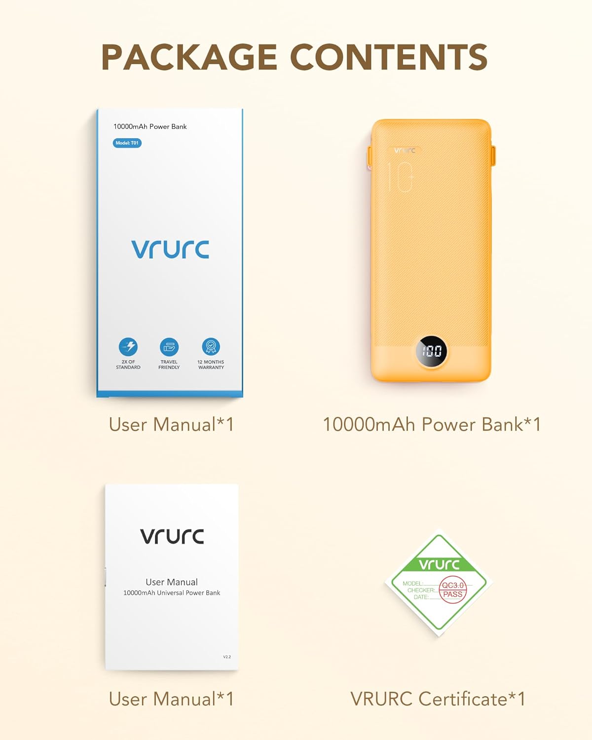 Power Bank Built-in Cables, VRURC 10000mAh Portable Charger USB C, Lightweight Charging Bank Built-in AC Plug, Replacement Battery Compatible with All Kinds of Cellphones, Tablet etc-Blue