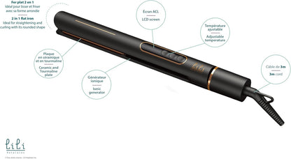 LILI HOTPLATES Professional Hair Straightener & Curler 2 in 1 | Tourmaline Ceramic Ionic Flat Iron and Curler for Waves, Curls and Straight Hair | 265-450°F with LCD Screen & Extra Long 3m Cord