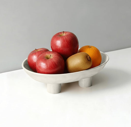 Three-Leg Ceramic Fruit Bowl for Kitchen Counter, 25 cm Oval Decorative Bowl for Fruit, Candy, and Keys, Modern High-Gloss Ceramic Serving Bowl, White - PuriLite