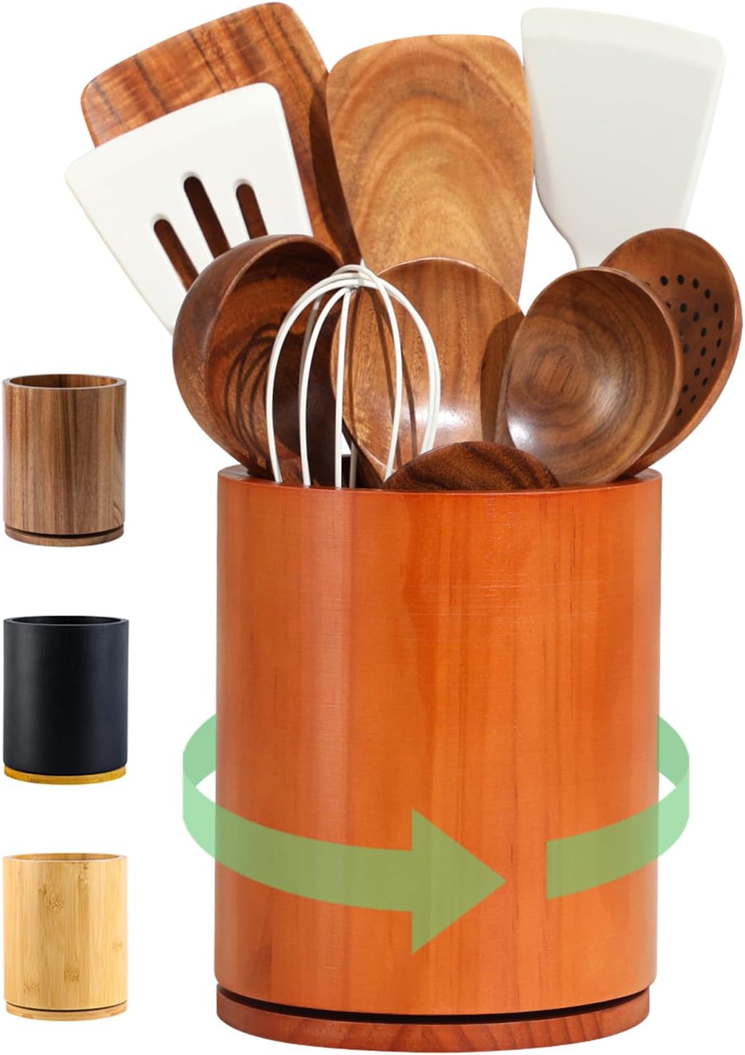 Wooden Utensil Holder | Rotating Utensil Organizer | Kitchen Counter Storage Crock | Farmhouse Countertop Decor | Cooking Utensil Stand - PuriLite