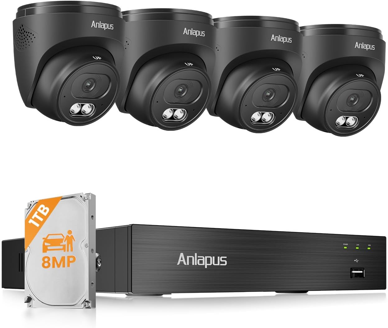 Anlapus 4K Home Security Camera System Outdoor Indoor, H.265+ 8CH CCTV DVR with AI Human Vehicle Detection, 4 x Wired Surveillance Dome Camera, 80ft Night Vision, Audio Recording, Remote Access