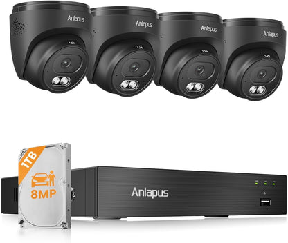 Anlapus 4K Home Security Camera System Outdoor Indoor, H.265+ 8CH CCTV DVR with AI Human Vehicle Detection, 4 x Wired Surveillance Dome Camera, 80ft Night Vision, Audio Recording, Remote Access