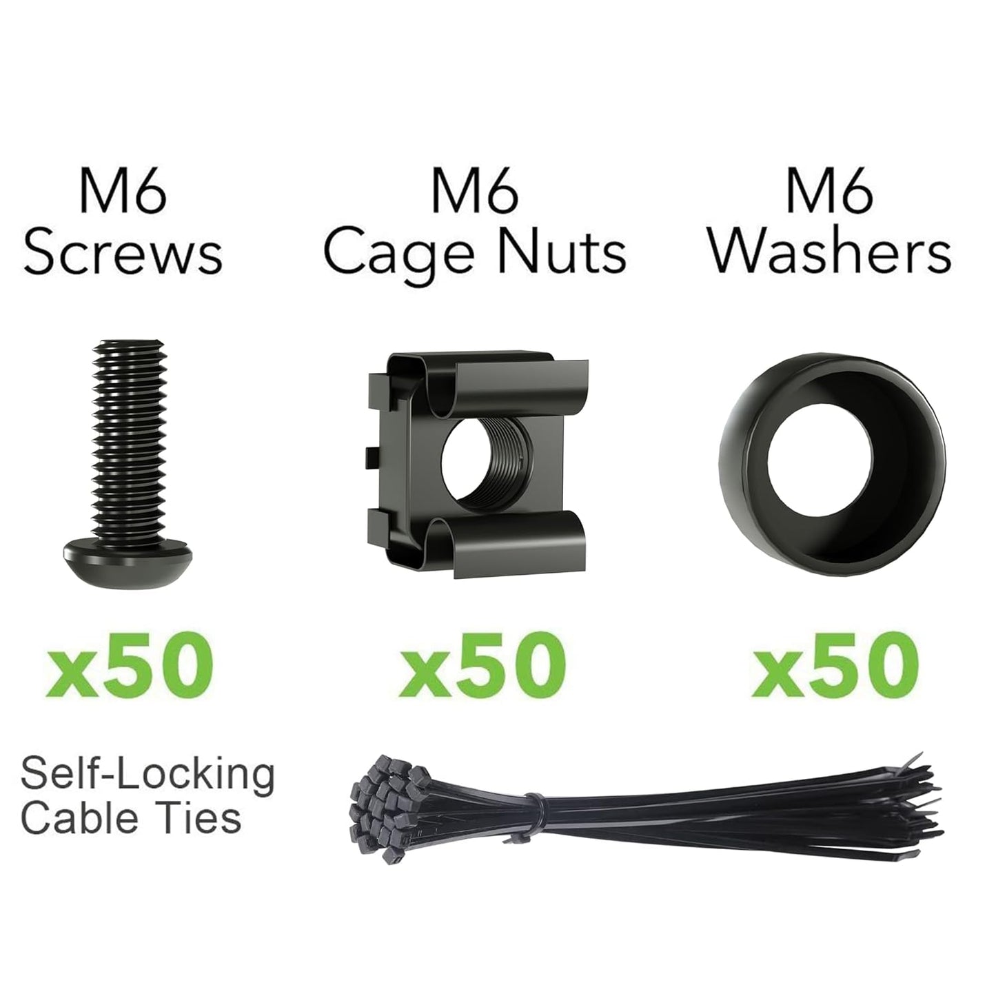 XOOL 50 PCS M6 x16mm Rack Mount Cage Nuts, Screws and Washers for Rack Mount Server Cabinet,Rack Mount Server Shelves,Routers,Rack Mount Screws and Square Insert Nuts,Self-Locking Cable Ties for Free