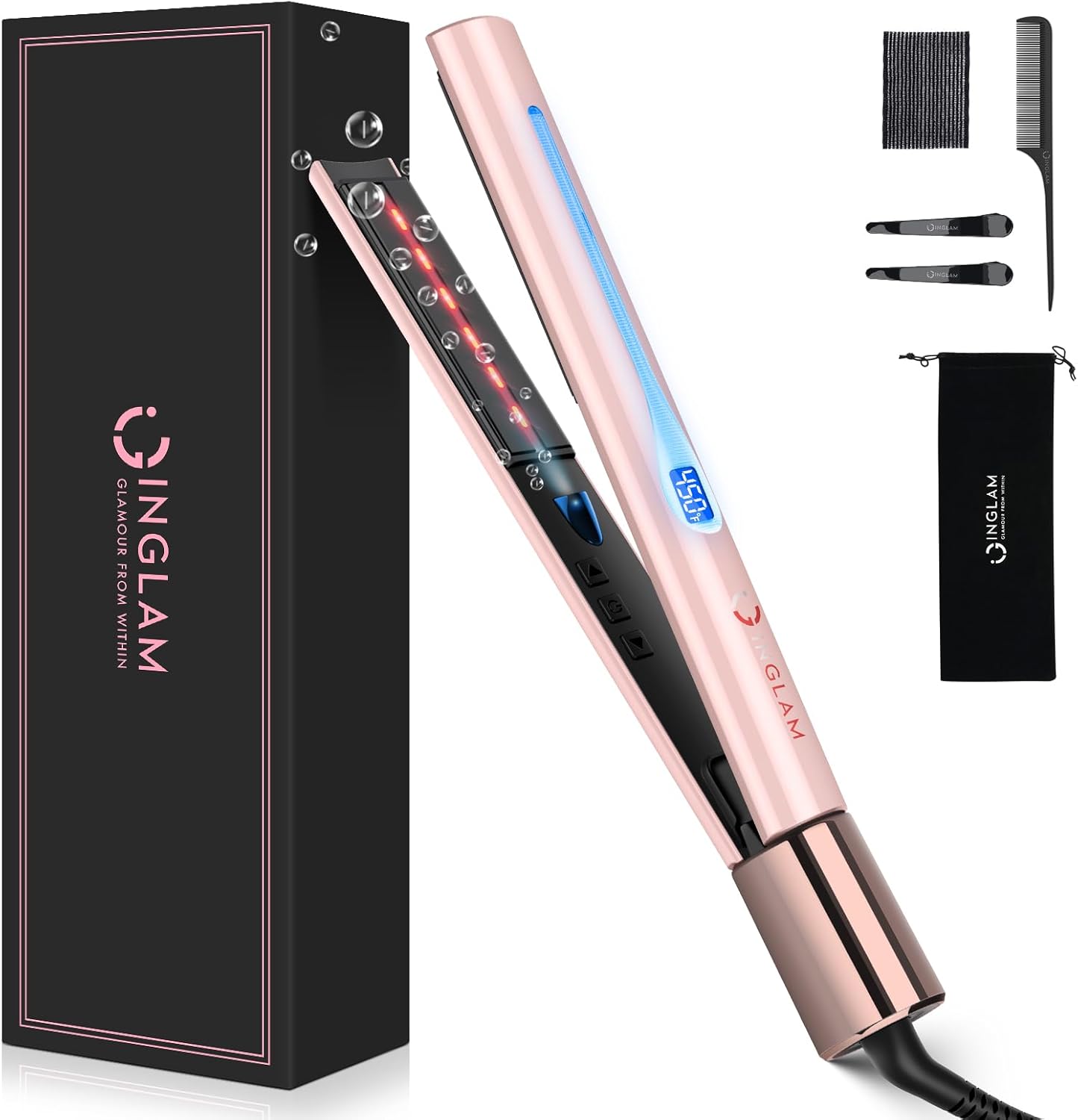 IG INGLAM Titanium Flat iron Hair Straightener, Curling Iron 1 Inch, Infrared Negative Ionic Hair Iron Straightener 11 Adjust Temp 250°F to 450°F, Shiny Hair Dual Voltage 110-240V, Gift, Pink