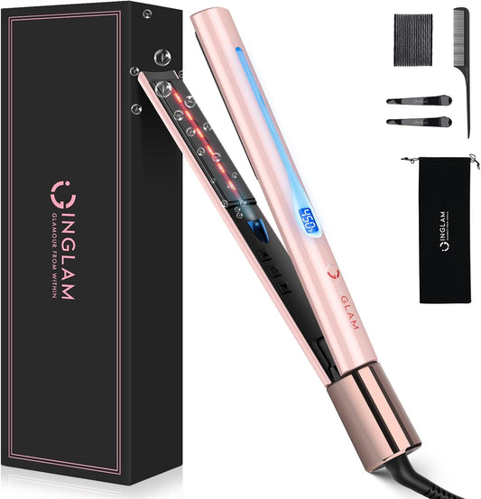 IG INGLAM Titanium Flat iron Hair Straightener, Curling Iron 1 Inch, Infrared Negative Ionic Hair Iron Straightener 11 Adjust Temp 250°F to 450°F, Shiny Hair Dual Voltage 110-240V, Gift, Pink