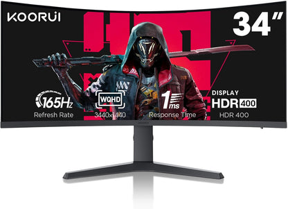 KOORUI 34-inch Ultrawide Curved WQHD 3440×1440 Gaming Monitor, 165Hz 144Hz Curved 1000R- PIP/PBP, 1ms(MPRT) with DisplayHDR 400, DCI-P3 90% Color Gamut, AdaptiveSync, HDMI/DisplayPort, 34E6UC - PuriLite