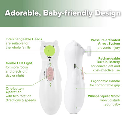 haakaa Happii Bear Baby Nail File Electric Nail Trimmer with LED Light, Rechargeable Baby Nail Clippers for Newborn/Adults Toes and Fingernails, Additional Replacement Heads & Charging Cable