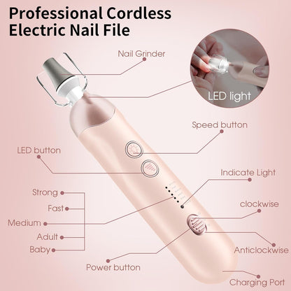 Professional Manicure Pedicure Kit, Cordless Electric Nail File Set, Rechargeable Pedicure Tools for feet, 5 Speeds Hand Foot Care Nail Drill for Thick Nail Toenail Cuticle Women Men Baby Pets