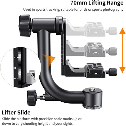 K&F Concept Professional Gimbal Head Heavy Duty Metal 360 Degree Panoramic Tripod Head with Standard 1/4'' Quick Release Plate and Bubble Level for Digital SLR Cameras Up to 20KG/44LBS