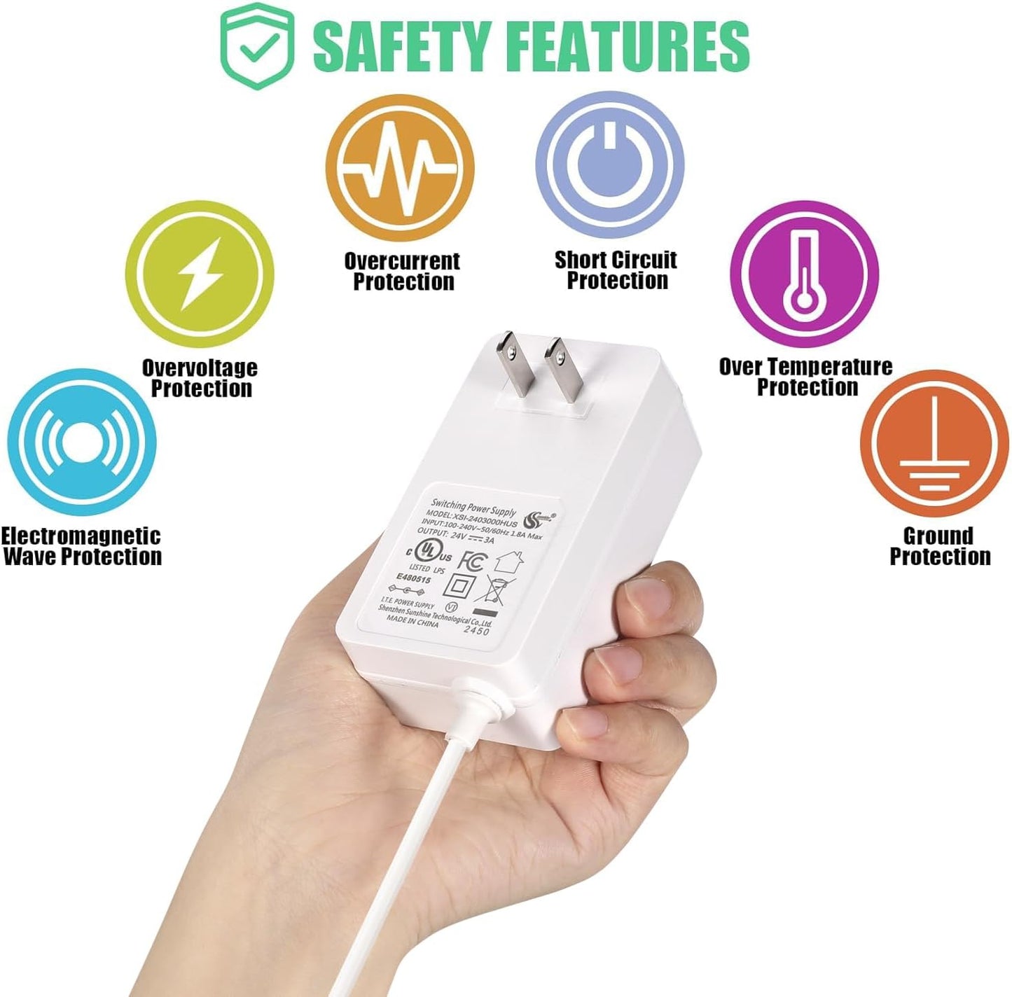 Wefomey 24V 3A Power Supply UL Listed, AC 100~240V to 24V DC Adapter Transformer with 5.5x2.1mm DC Plug, 24 Volt 3 Amp 72W Wall Charger for 5050 3528 LED Strip Light LED Driver CCTV Security System