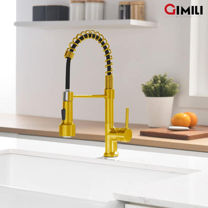 GIMILI Matte Black Kitchen Faucet with LED Light,Single Hole Spring Kitchen Sink Faucet with Pull Down Sprayer