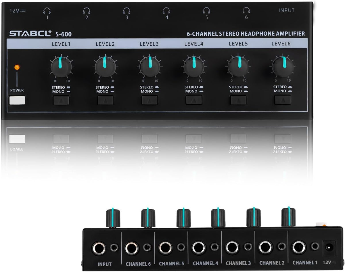 Headphone Amplifier 6 Channel, Stereo Headphone Amp with 3.5mm&6.35mm Input and Output, Metal Portable Studio Headphone Amp Splitter, Headphone Mixer with Mono and Stereo for Recording Studios