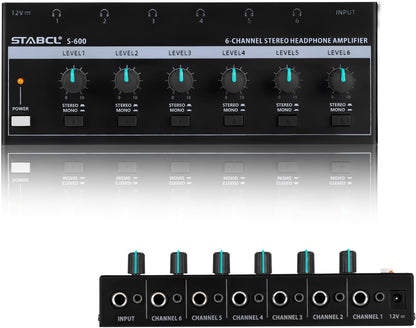 Headphone Amplifier 6 Channel, Stereo Headphone Amp with 3.5mm&6.35mm Input and Output, Metal Portable Studio Headphone Amp Splitter, Headphone Mixer with Mono and Stereo for Recording Studios